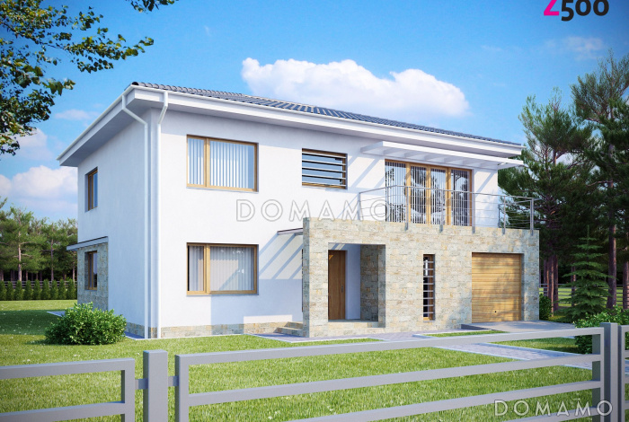 Проект просторного современного двухэтажного дома из кирпича, с пятью комнатами, гаражом и балконом