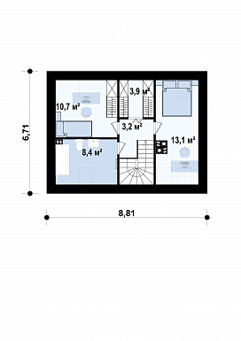 Проект компактного одноэтажного мансардного дома из кирпича с тремя спальнями и фронтальной террасой / План мансардного этажа