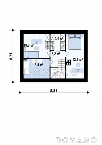 Проект компактного одноэтажного мансардного дома из кирпича с тремя спальнями и фронтальной террасой / План мансардного этажа