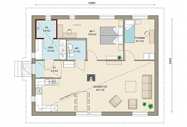 Проект одноэтажного каркасного дома с гостиной совмещенной с кухней / План 1 этажа