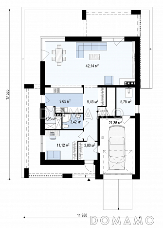 Проект современного двухэтажного дома из газобетона с плоской крышей, четырьмя комнатами, вторым светом и гаражом / План 1 этажа