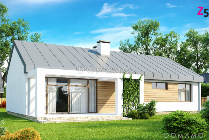 Проект загородного дома с просторной кладовой на кухне, террасой, ванной с окном