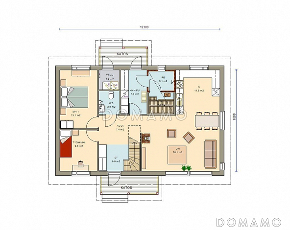 Проект двухэтажного каркасного дома с большими окнами в гостиной / План 1 этажа