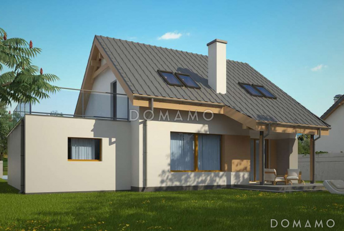 Проект одноэтажного мансардного дома из кирпича с пристроенным гаражом и террасой над ним