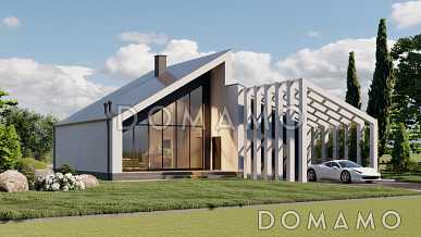 Проект одноэтажного кирпичного дома в стиле хай-тек с "живым" навесом