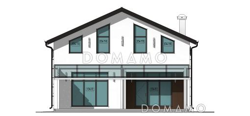 Проект коттеджа с просторной крытой террасой, кабинетом, длинным балконом на мансардном этаже на две спальни / Фасад 2