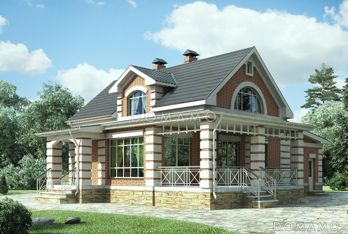 Проект кирпичного дома с полукруглым окном на мансардном этаже