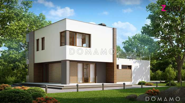 Проект современного двухэтажного дома из кирпича с тремя спальнями, пристроенным гаражом и террасой над ним