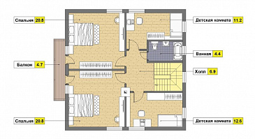 Проект каркасного дома с большой открытой террасой / План мансардного этажа