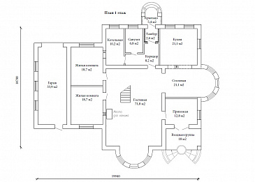 Проект двухэтажного дома в византийском стиле из газобетона с двумя круглыми эркерами и гаражом / План 1 этажа