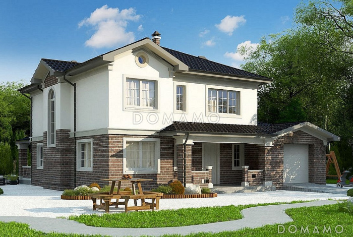 Проект двухэтажного дома с круглым окном, гаражом, просторной дневной зоной,  спальней и комнатой отдыха с сауной