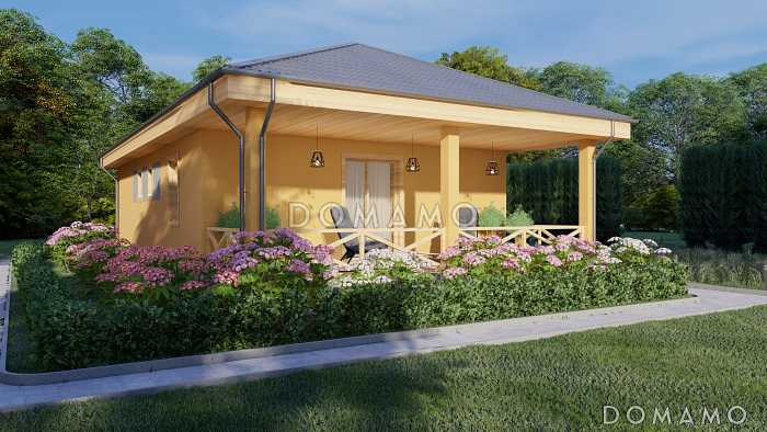 Проект одноэтажного каркасного дома с большой террасой и двумя спальнями