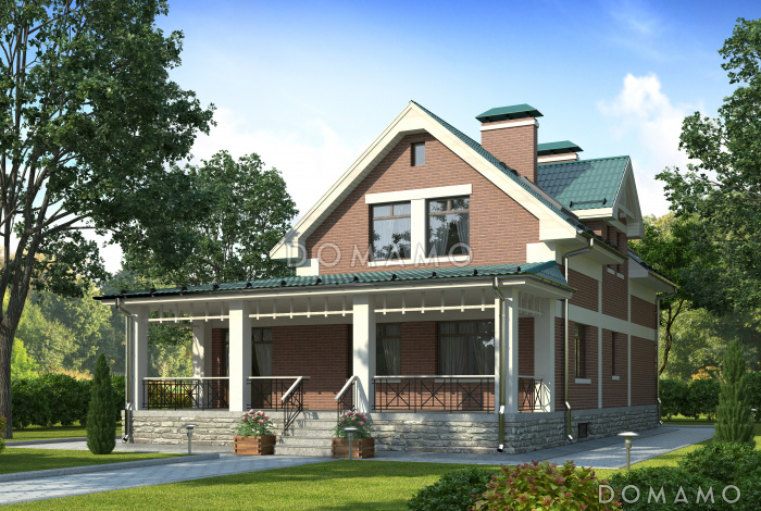 Проект великолепного дома из темного кирпича с верандой и зеленой крышей