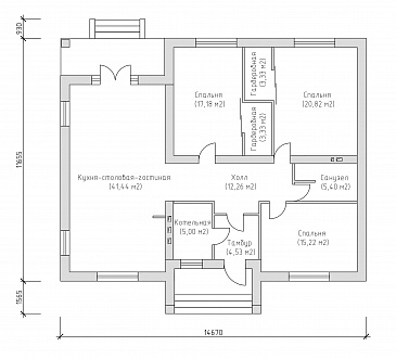 Проект компактного одноэтажного дома из SIP панелей с тремя спальнями и большой гостиной / План 1 этажа