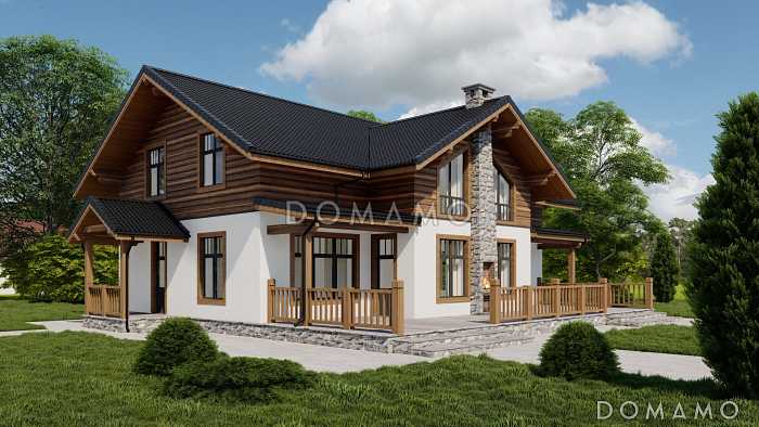 Проект двухэтажного кирпичного дома с просторной террасой, сауной и пятью спальнями