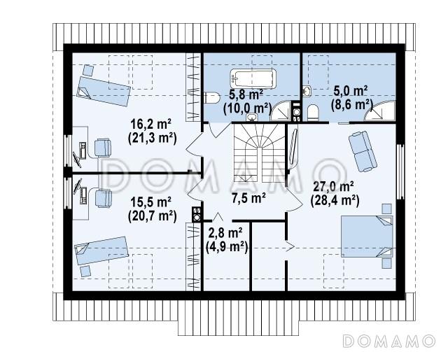 Проект классического мансардного дома из газобетона со встроенным гаражом / План мансардного этажа