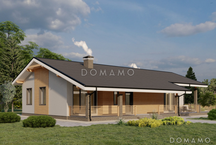 Проект одноэтажного газобетонного дома с сауной, просторной террасой и барбекю