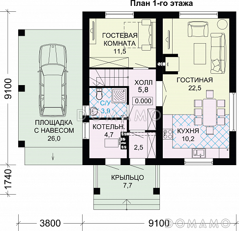 Проект дома из газобетона с мансардой / План 1 этажа