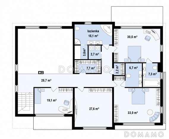Проект большого комфортабельного двухэтажного дома из кирпича с пятью комнатами, спортзалом и вторым светом над просторной гостиной / План 2 этажа
