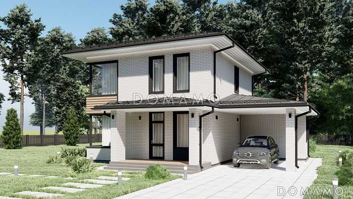 Проект эффективного двухэтажного дома с навесом для авто S-121