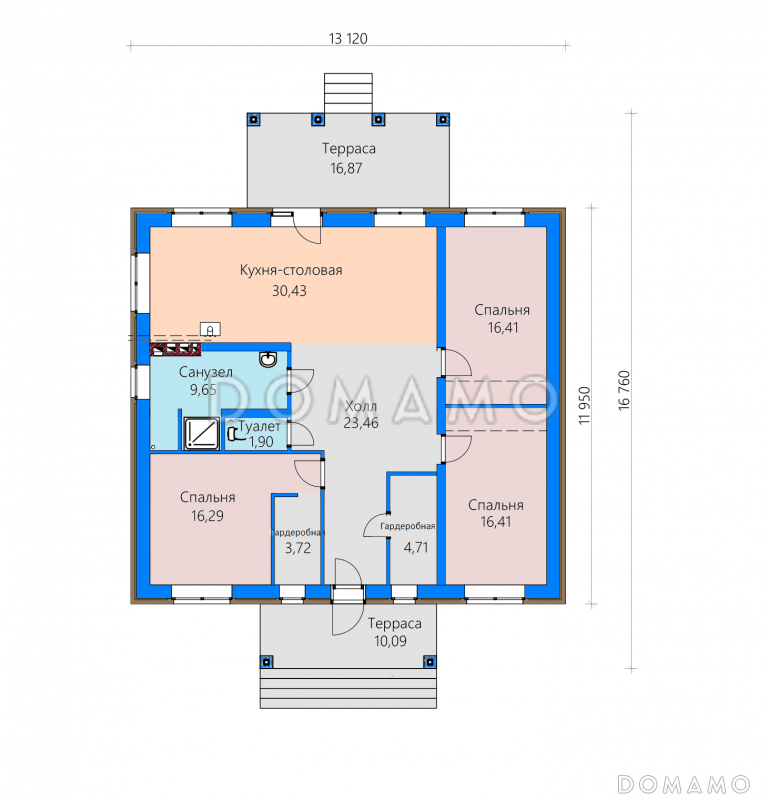 Проект загородного дома с террасами, просторной кухней-столовой без перегородки с холлом / План 1 этажа