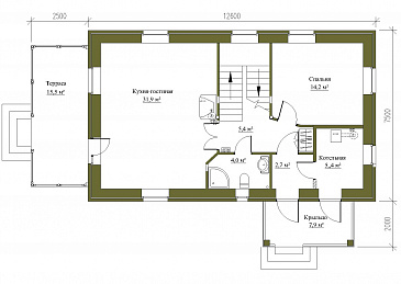 Проект небольшого коттеджа с облицовкой светлым кирпичом с террасой / План 1 этажа