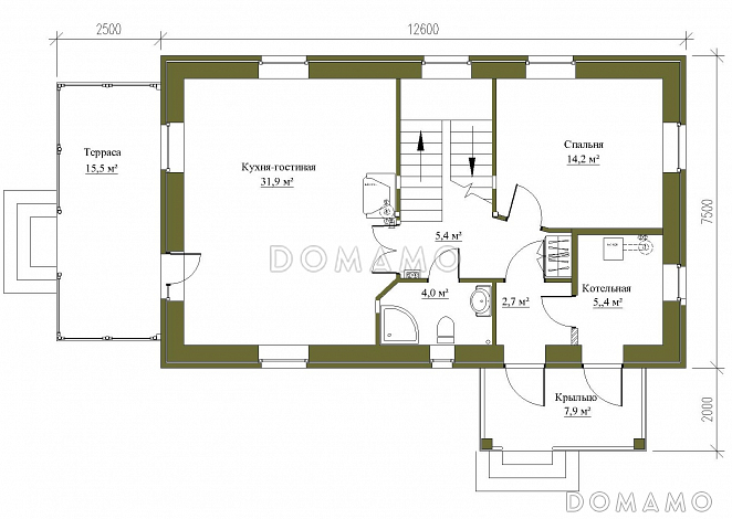 Проект небольшого коттеджа с облицовкой светлым кирпичом с террасой / План 1 этажа