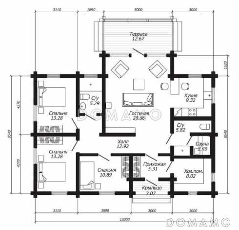 Проект одноэтажного дома с двумя санузлами и компактной сауной / План 1 этажа