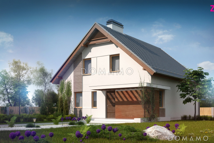 Проект одноэтажного дома из кирпича с мансардным этажом с прямоугольным эркером и балконом