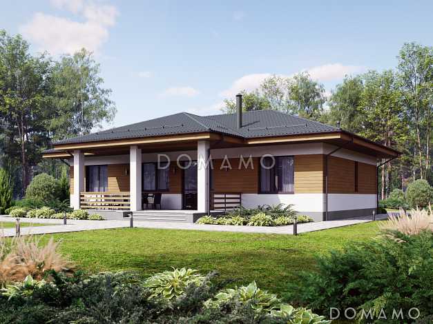 Проект одноэтажного дома из поризованного камня с мастер-спальней, кладовой и кабинетом