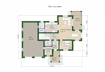 Проект двухэтажного дома из газобетона с 4 спальнями, кабинетом и крытой террасой / План 1 этажа