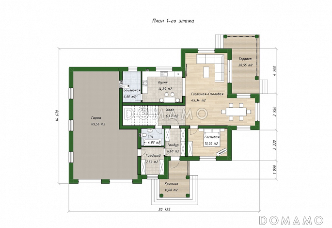 Проект двухэтажного дома из газобетона с 4 спальнями, кабинетом и крытой террасой / План 1 этажа