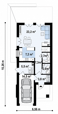 Проект компактного двухэтажного дома из газобетона современного дизайна с гаражом / План 1 этажа