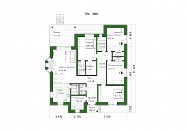 Проект одноэтажного кирпичного дома с 4 спальнями, террасой и столовой-гостиной / План 1 этажа