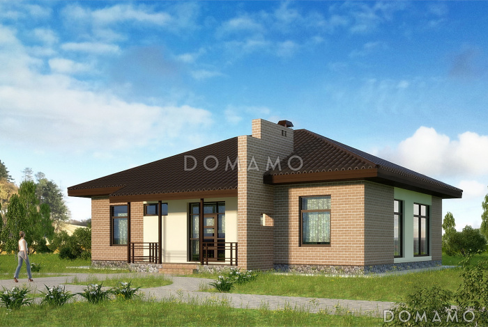 Проект одноэтажного коттеджа с коричневой облицовкой и необычной стеной крыльца