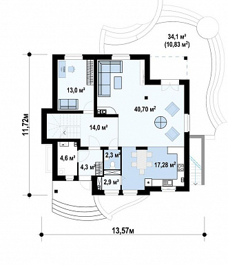 Проект дома с подвалом, просторной гостиной и кухней, балконами, кабинетом / План 1 этажа