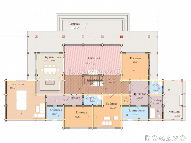 Проект двухэтажного дома из клееного бруса с красивым панорамным остеклением / План 1 этажа