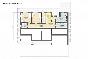 Проект дома в стиле хай-тек, подходящий для неровного участка, с 4 спальнями, большой террасой и навесом для двух автомобилей / План цокольного этажа