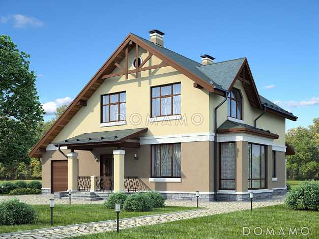 Проект дома из пеноблоков для постоянного проживания с гаражом для одной машины