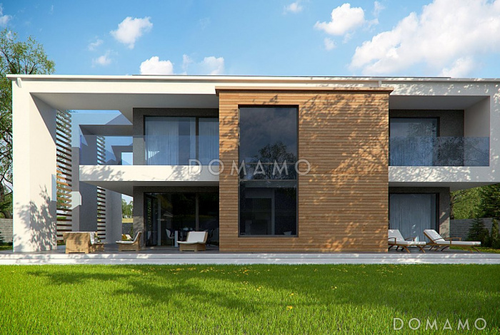 Проект современного двухэтажного дома из кирпича с плоской крышей с четырьмя спальнями, кабинетом, гаражом и большой площадью остекления