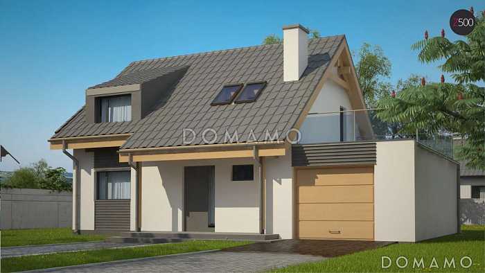 Проект одноэтажного мансардного дома из кирпича с пристроенным гаражом и террасой над ним