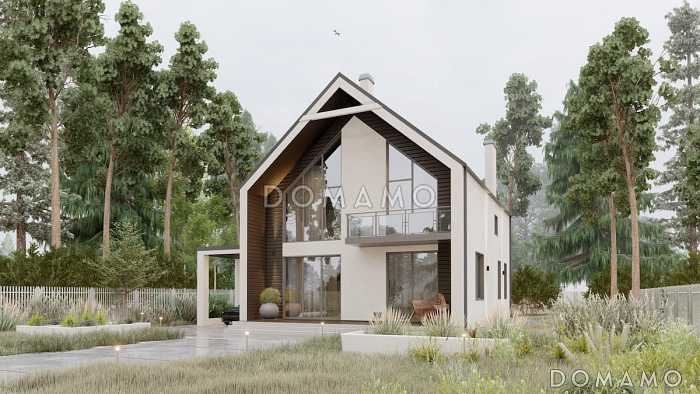 Проект двухэтажного дома в стиле барнхаус с 4 спальнями, вторым светом, крытой террасой и автонавесом