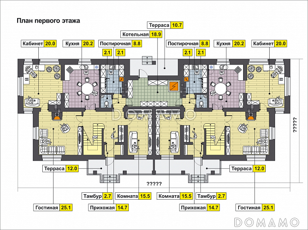 Проект загородного дома с изолированной кухней, крытой террасой, лоджиями, вторым светом / План 1 этажа