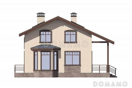 Проект дома с эркером в кухне, двумя спальнями на первом этаже, гостиной с камином, террасой / Фасад 1