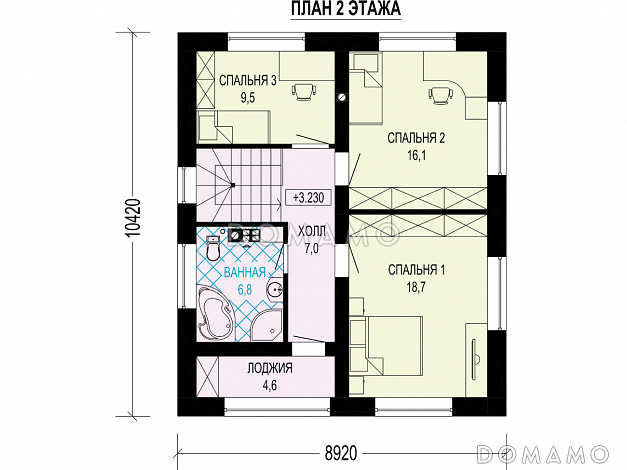 Проект загородного двухэтажного дома с кладовой, кухней-столовой, лоджией / План 2 этажа