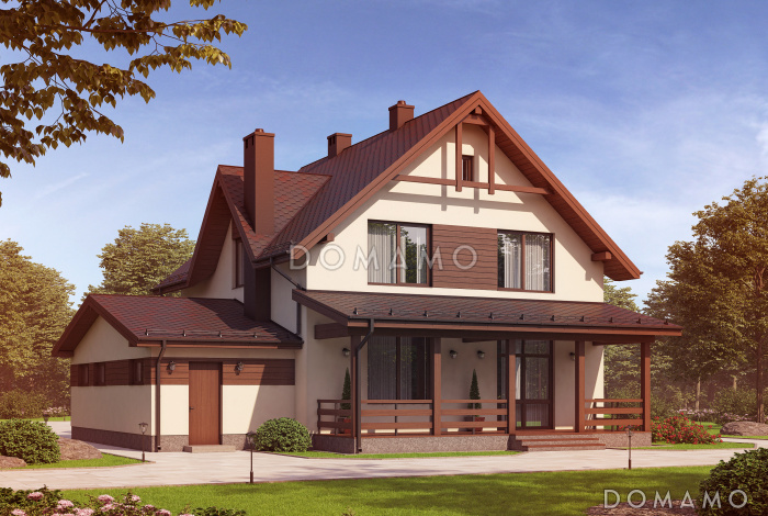 Проект двухэтажного газобетонного дома c пристроенным гаражом и котельной