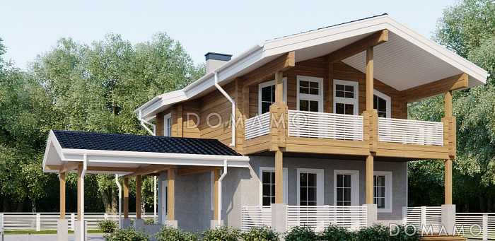 Проект современного дома из клееного бруса с просторным балконом на втором этаже
