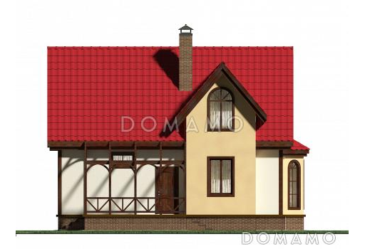 Проект небольшого каркасного дома с большим крыльцом и эркером. / Фасад 1