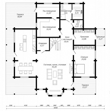 Проект дома из клееного бруса с эффектной зоной второго света / План 1 этажа