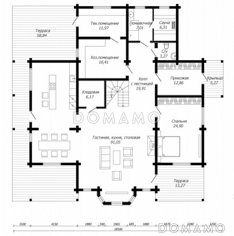 Проект дома из клееного бруса с эффектной зоной второго света / План 1 этажа